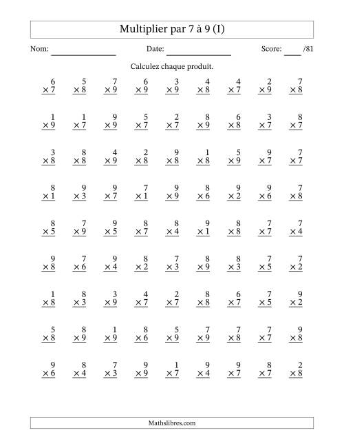 Multiplier (1 à 9) par 7 à 9 (81 Questions) (I)