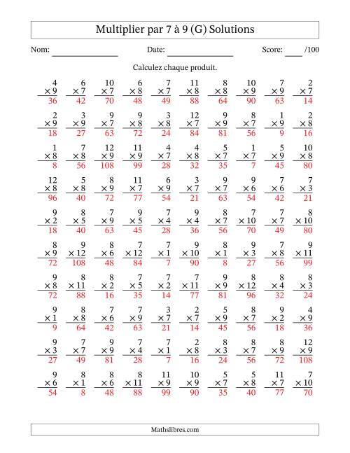 Multiplier (1 à 12) par 7 à 9 (100 Questions) (G) page 2