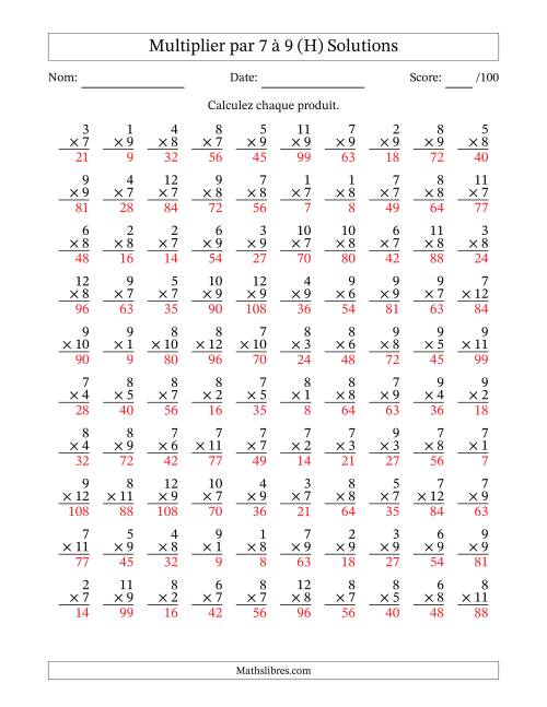 Multiplier (1 à 12) par 7 à 9 (100 Questions) (H) page 2
