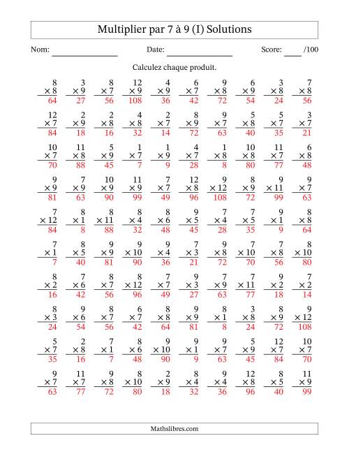 Multiplier (1 à 12) par 7 à 9 (100 Questions) (I) page 2