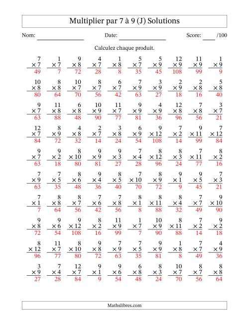 Multiplier (1 à 12) par 7 à 9 (100 Questions) (J) page 2