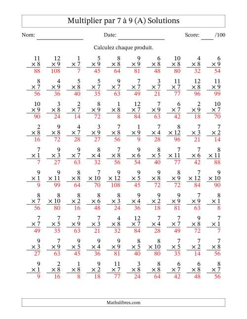 Multiplier (1 à 12) par 7 à 9 (100 Questions) (Tout) page 2