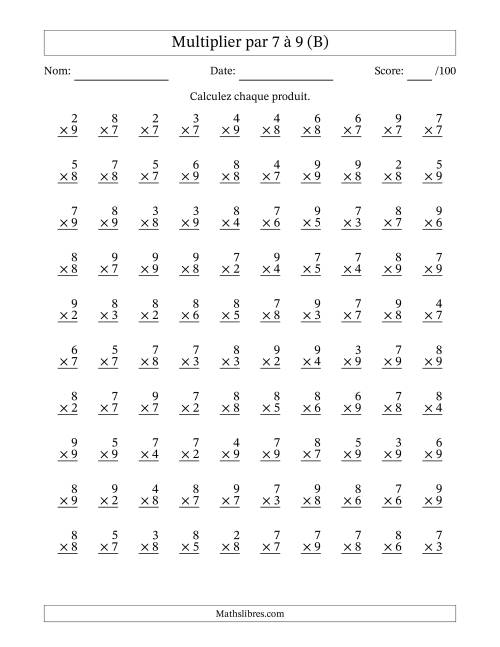 Multiplier (2 à 9) par 7 à 9 (100 Questions) (B)