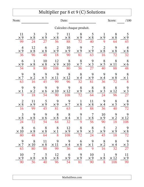 Multiplier (1 à 12) par 8 et 9 (100 Questions) (C) page 2