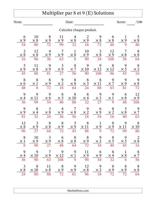 Multiplier (1 à 12) par 8 et 9 (100 Questions) (E) page 2
