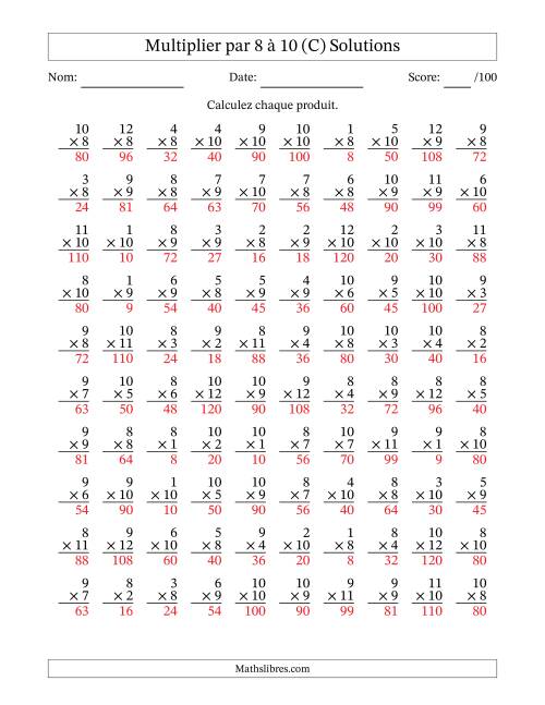 Multiplier (1 à 12) par 8 à 10 (100 Questions) (C) page 2