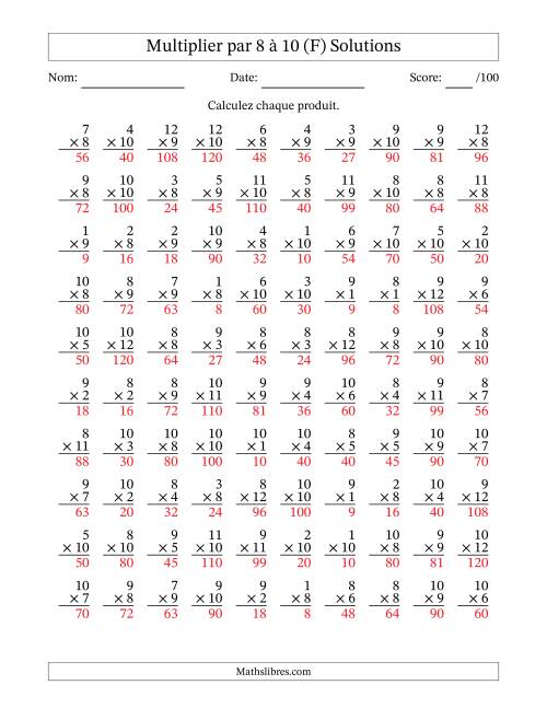 Multiplier (1 à 12) par 8 à 10 (100 Questions) (F) page 2