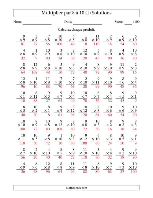 Multiplier (1 à 12) par 8 à 10 (100 Questions) (I) page 2
