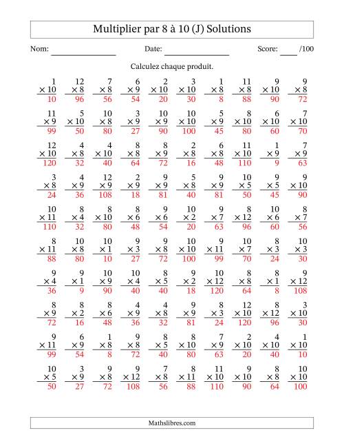 Multiplier (1 à 12) par 8 à 10 (100 Questions) (J) page 2