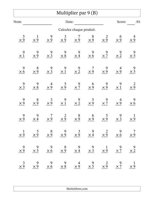 Multiplier (1 à 9) par 9 (81 Questions) (B)