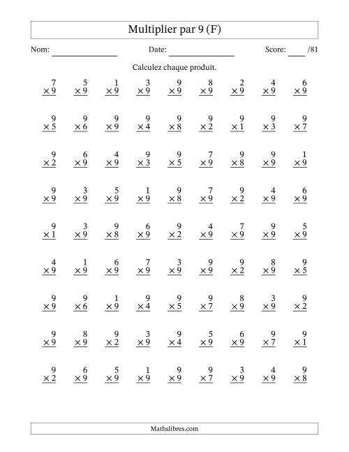 Multiplier (1 à 9) par 9 (81 Questions) (F)