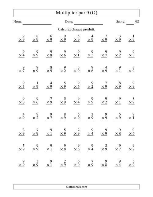 Multiplier (1 à 9) par 9 (81 Questions) (G)
