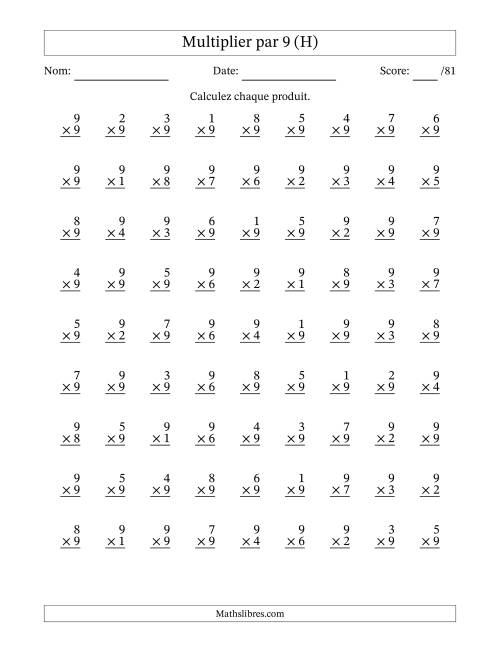 Multiplier (1 à 9) par 9 (81 Questions) (H)