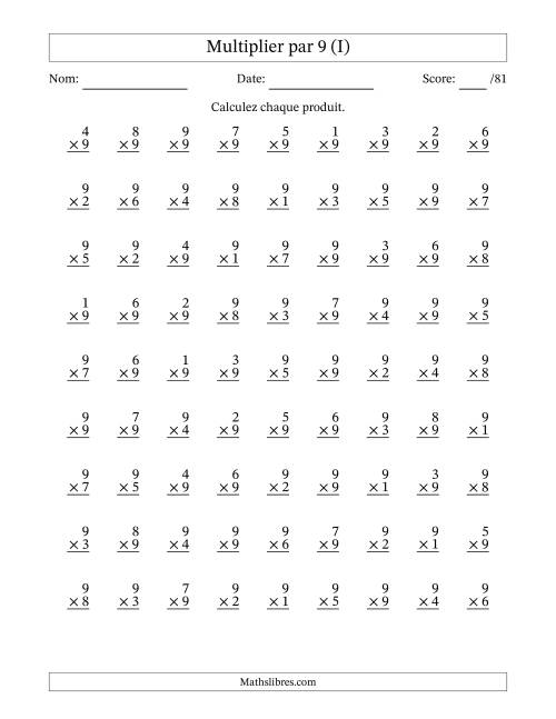 Multiplier (1 à 9) par 9 (81 Questions) (I)