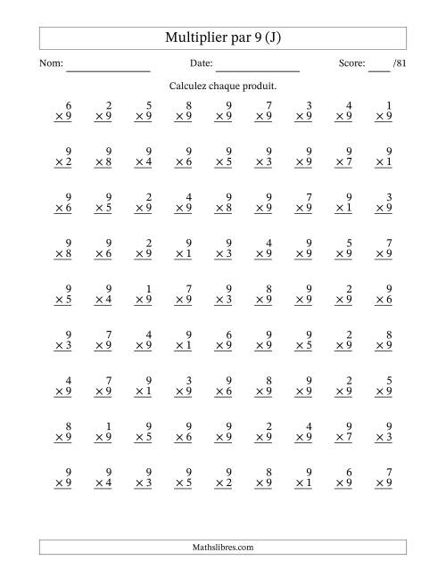 Multiplier (1 à 9) par 9 (81 Questions) (J)