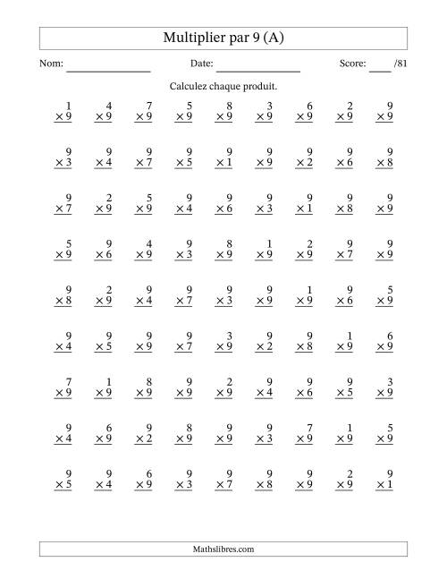Multiplier (1 à 9) par 9 (81 Questions) (Tout)