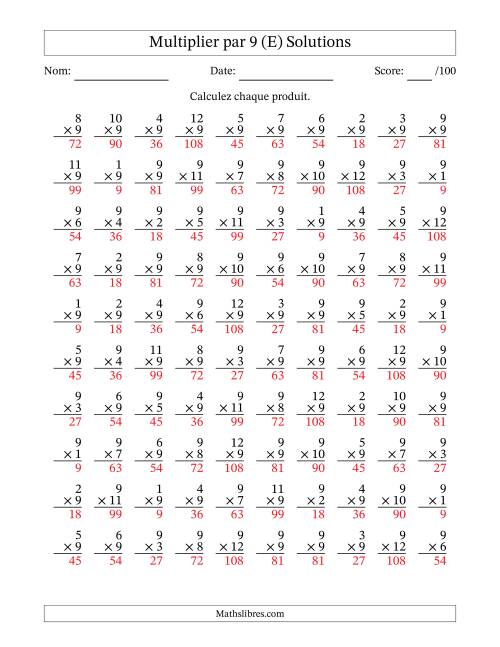 Multiplier (1 à 12) par 9 (100 Questions) (E) page 2
