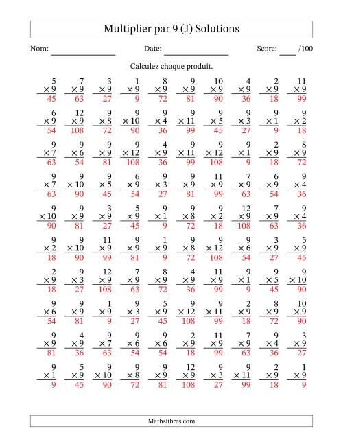 Multiplier (1 à 12) par 9 (100 Questions) (J) page 2