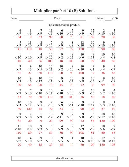 Multiplier (1 à 12) par 9 et 10 (100 Questions) (B) page 2