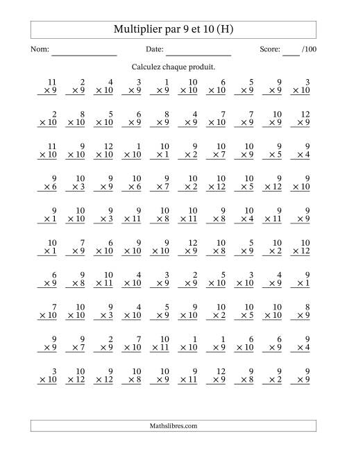 Multiplier (1 à 12) par 9 et 10 (100 Questions) (H)