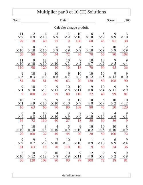 Multiplier (1 à 12) par 9 et 10 (100 Questions) (H) page 2