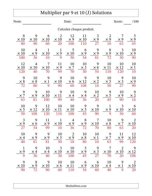 Multiplier (1 à 12) par 9 et 10 (100 Questions) (J) page 2