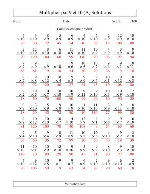 Multiplier (1 à 12) par 9 et 10 (100 Questions) (Tout) page 2