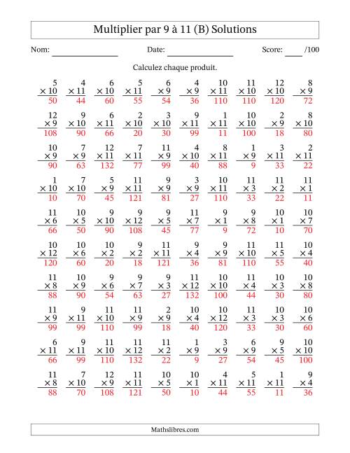 Multiplier (1 à 12) par 9 à 11 (100 Questions) (B) page 2