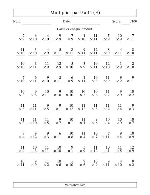 Multiplier (1 à 12) par 9 à 11 (100 Questions) (E)