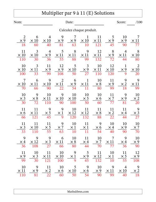 Multiplier (1 à 12) par 9 à 11 (100 Questions) (E) page 2