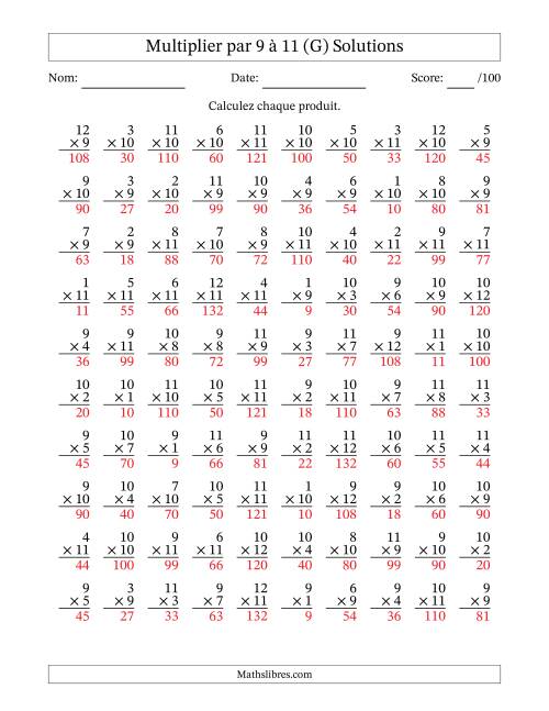 Multiplier (1 à 12) par 9 à 11 (100 Questions) (G) page 2