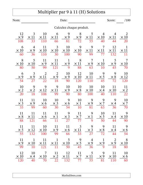 Multiplier (1 à 12) par 9 à 11 (100 Questions) (H) page 2