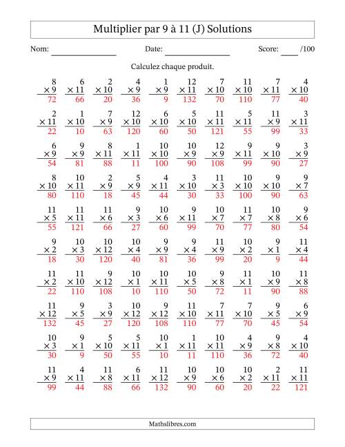 Multiplier (1 à 12) par 9 à 11 (100 Questions) (J) page 2