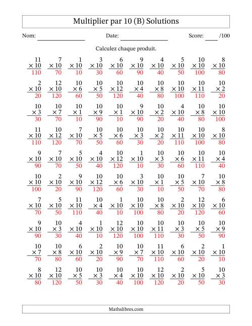Multiplier (1 à 12) par 10 (100 Questions) (B) page 2