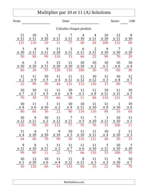 Multiplier (1 à 12) par 10 et 11 (100 Questions) (Tout) page 2