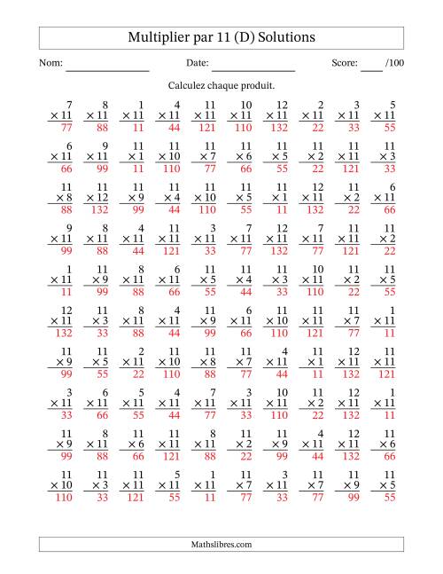 Multiplier (1 à 12) par 11 (100 Questions) (D) page 2