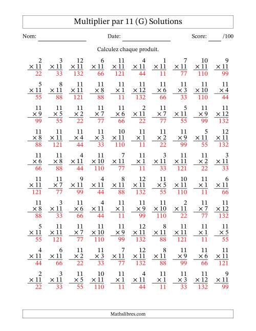 Multiplier (1 à 12) par 11 (100 Questions) (G) page 2