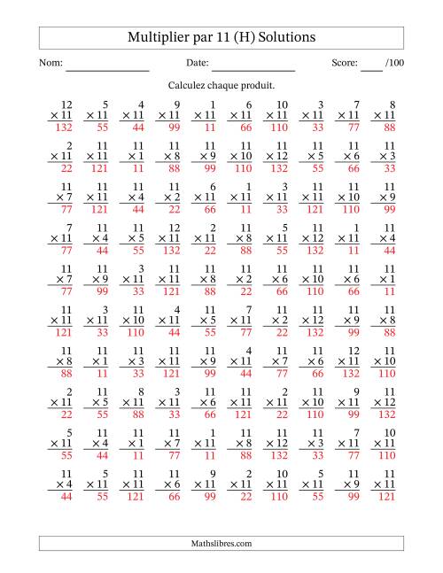 Multiplier (1 à 12) par 11 (100 Questions) (H) page 2