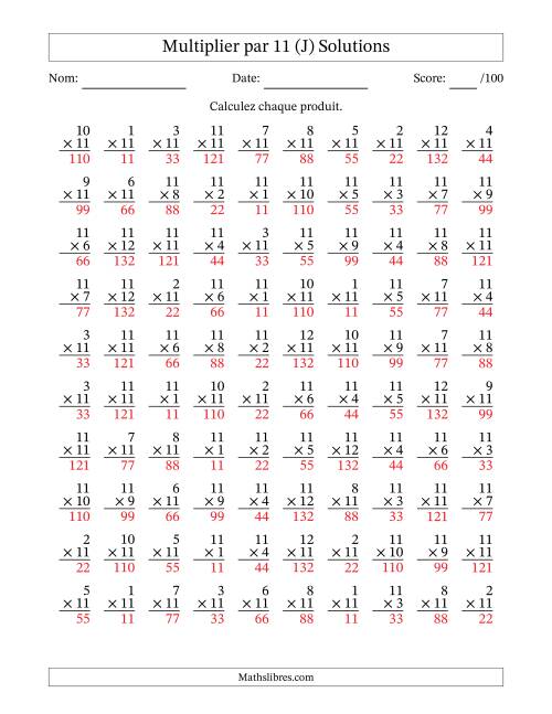 Multiplier (1 à 12) par 11 (100 Questions) (J) page 2