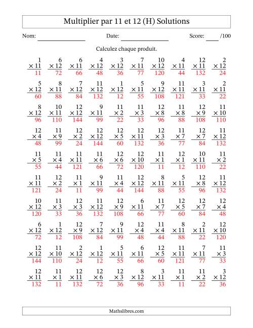 Multiplier (1 à 12) par 11 et 12 (100 Questions) (H) page 2