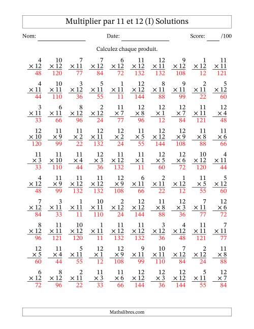 Multiplier (1 à 12) par 11 et 12 (100 Questions) (I) page 2