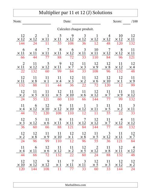Multiplier (1 à 12) par 11 et 12 (100 Questions) (J) page 2