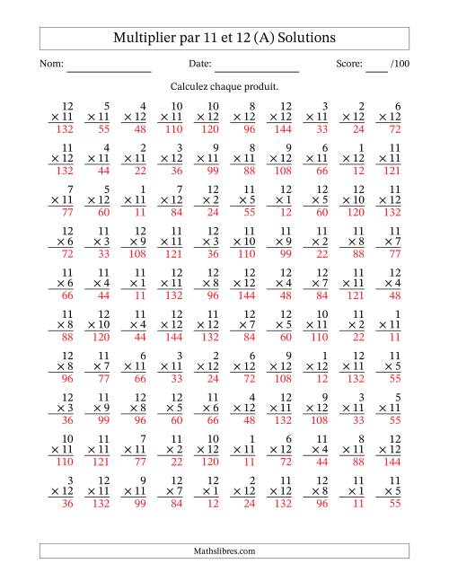 Multiplier (1 à 12) par 11 et 12 (100 Questions) (Tout) page 2