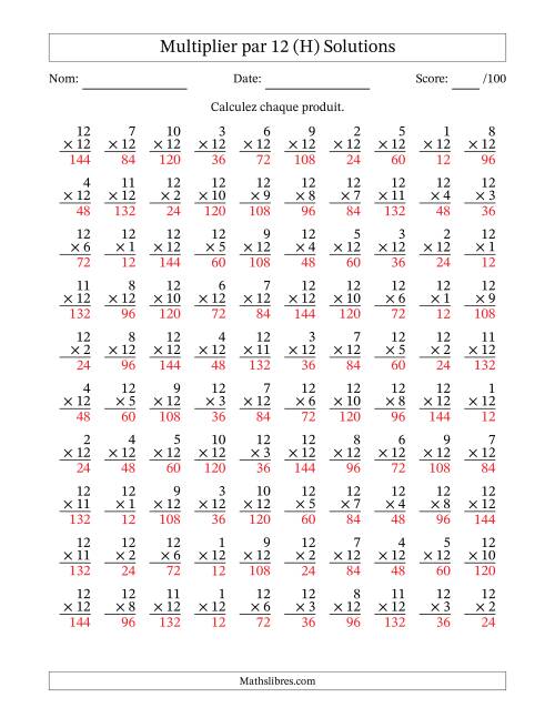 Multiplier (1 à 12) par 12 (100 Questions) (H) page 2
