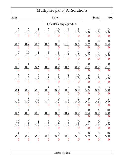 Multiplier (1 à 10) par 0 (100 Questions) (A) page 2