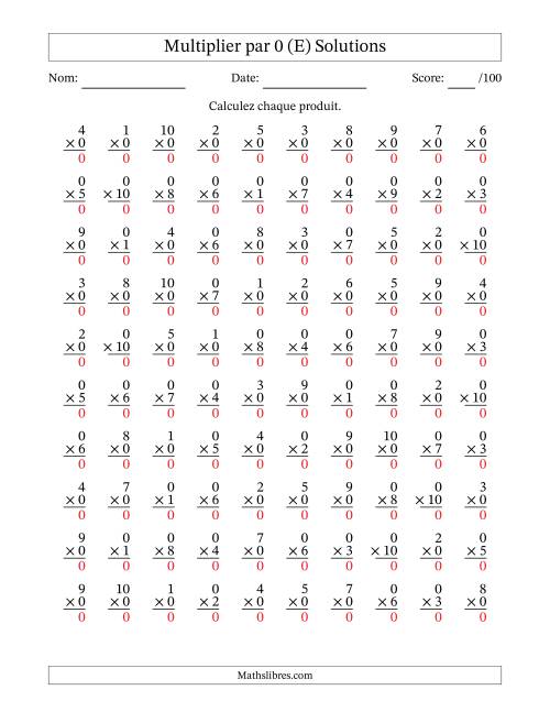 Multiplier (1 à 10) par 0 (100 Questions) (E) page 2