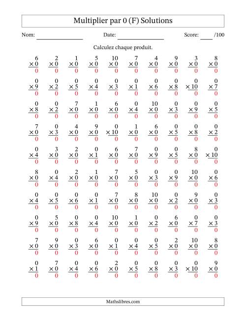 Multiplier (1 à 10) par 0 (100 Questions) (F) page 2