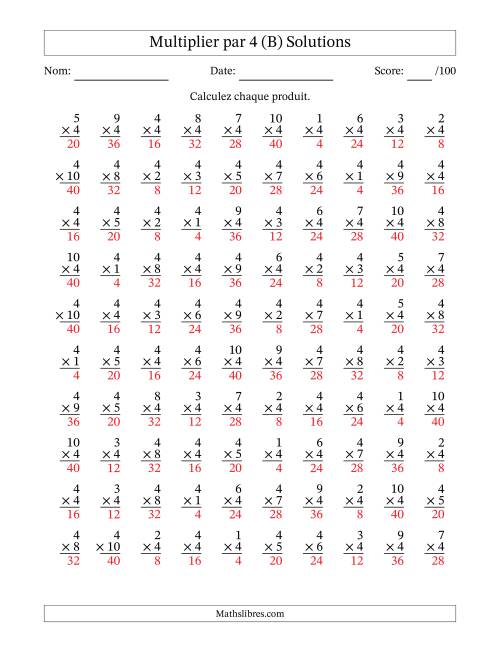 Multiplier (1 à 10) par 4 (100 Questions) (B) page 2