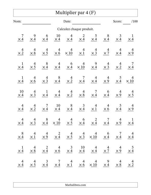 Multiplier (1 à 10) par 4 (100 Questions) (F)