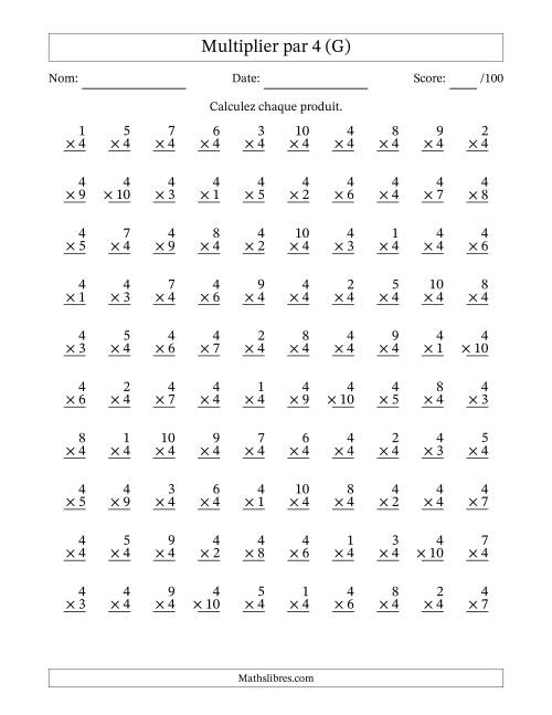 Multiplier (1 à 10) par 4 (100 Questions) (G)